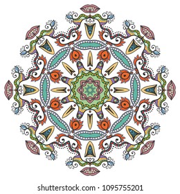 Mandala flower decoration, hand drawn round ornament, isolated design element on a white background. Vector geometric floral pattern. Tribal ethnic fashion motif for paper, textile, cloth fabric print