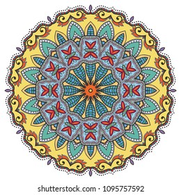 Mandala flower decoration, hand drawn round ornament, isolated design element on a white background. Vector geometric floral pattern. Tribal ethnic fashion motif for paper, textile, cloth fabric print