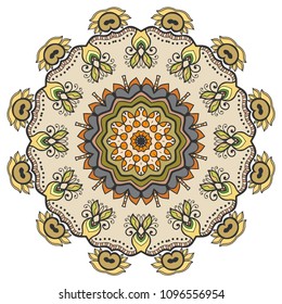 Mandala flower decoration, hand drawn round ornament, isolated design element on a white background. Vector geometric floral pattern. Tribal ethnic fashion motif for paper, textile, cloth fabric print