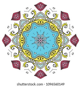 Mandala flower decoration, hand drawn round ornament, isolated design element on a white background. Vector geometric floral pattern. Tribal ethnic fashion motif for paper, textile, cloth fabric print