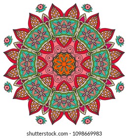 Mandala flower decoration, hand drawn round ornament, isolated design element on a white background. Vector geometric floral pattern. Tribal ethnic fashion motif for paper, textile, cloth fabric print