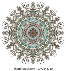 Mandala flower decoration, hand drawn round ornament, isolated design element on a white background. Vector geometric floral pattern. Tribal ethnic fashion motif for paper, textile, cloth fabric print