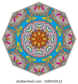 Mandala flower decoration, hand drawn round ornament, isolated design element on a white background. Vector geometric floral pattern. Tribal ethnic fashion motif for paper, textile, cloth fabric print