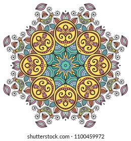 Mandala flower decoration, hand drawn round ornament, isolated design element on a white background. Vector geometric floral pattern. Tribal ethnic fashion motif for paper, textile, cloth fabric print