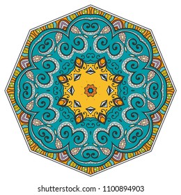 Mandala flower decoration, hand drawn round ornament, isolated design element on a white background. Vector geometric floral pattern. Tribal ethnic fashion motif for paper, textile, cloth fabric print