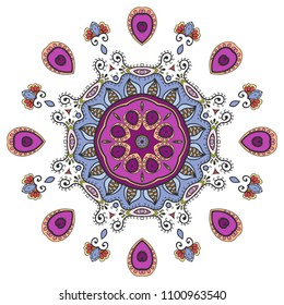 Mandala flower decoration, hand drawn round ornament, isolated design element on a white background. Vector geometric floral pattern. Tribal ethnic fashion motif for paper, textile, cloth fabric print
