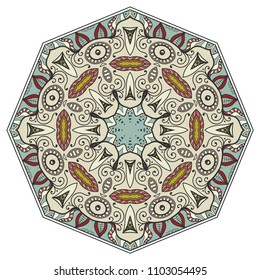Mandala flower decoration, hand drawn round ornament, isolated design element on a white background. Vector geometric floral pattern. Tribal ethnic fashion motif for paper, textile, cloth fabric print