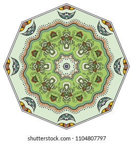 Mandala flower decoration, hand drawn round ornament, isolated design element on a white background. Vector geometric floral pattern. Tribal ethnic fashion motif for paper, textile, cloth fabric print