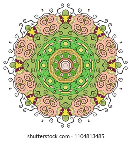 Mandala flower decoration, hand drawn round ornament, isolated design element on a white background. Vector geometric floral pattern. Tribal ethnic fashion motif for paper, textile, cloth fabric print