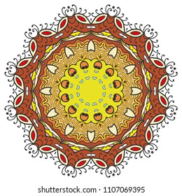 Mandala flower decoration, hand drawn round ornament, isolated design element on a white background. Vector geometric floral pattern. Tribal ethnic fashion motif for paper, textile, cloth fabric print