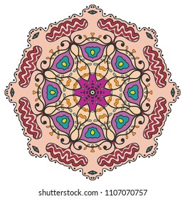 Mandala flower decoration, hand drawn round ornament, isolated design element on a white background. Vector geometric floral pattern. Tribal ethnic fashion motif for paper, textile, cloth fabric print