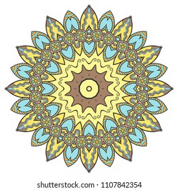 Mandala flower decoration, hand drawn round ornament, isolated design element on a white background. Vector geometric floral pattern. Tribal ethnic fashion motif for paper, textile, cloth fabric print