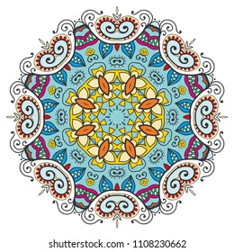 Mandala flower decoration, hand drawn round ornament, isolated design element on a white background. Vector geometric floral pattern. Tribal ethnic fashion motif for paper, textile, cloth fabric print