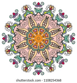 Mandala flower decoration, hand drawn round ornament, isolated design element on a white background. Vector geometric floral pattern. Tribal ethnic fashion motif for paper, textile, cloth fabric print