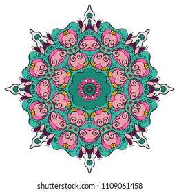 Mandala flower decoration, hand drawn round ornament, isolated design element on a white background. Vector geometric floral pattern. Tribal ethnic fashion motif for paper, textile, cloth fabric print