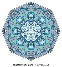Mandala flower decoration, hand drawn round ornament, isolated design element on a white background. Vector geometric floral pattern. Tribal ethnic fashion motif for paper, textile, cloth fabric print