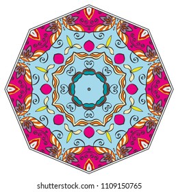 Mandala flower decoration, hand drawn round ornament, isolated design element on a white background. Vector geometric floral pattern. Tribal ethnic fashion motif for paper, textile, cloth fabric print