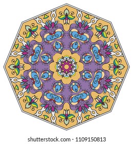 Mandala flower decoration, hand drawn round ornament, isolated design element on a white background. Vector geometric floral pattern. Tribal ethnic fashion motif for paper, textile, cloth fabric print