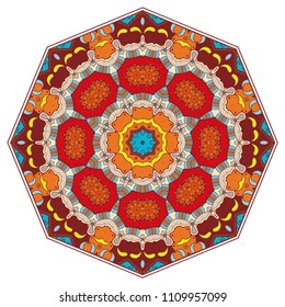 Mandala flower decoration, hand drawn round ornament, isolated design element on a white background. Vector geometric floral pattern. Tribal ethnic fashion motif for paper, textile, cloth fabric print