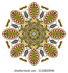 Mandala flower decoration, hand drawn round ornament, isolated design element on a white background. Vector geometric floral pattern. Tribal ethnic fashion motif for paper, textile, cloth fabric print