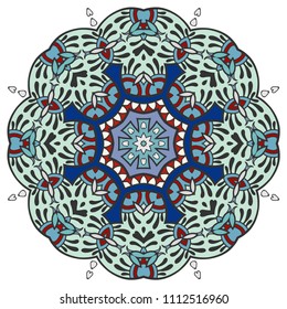 Mandala flower decoration, hand drawn round ornament, isolated design element on a white background. Vector geometric floral pattern. Tribal ethnic fashion motif for paper, textile, cloth fabric print