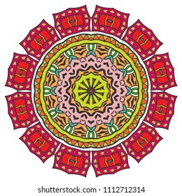 Mandala flower decoration, hand drawn round ornament, isolated design element on a white background. Vector geometric floral pattern. Tribal ethnic fashion motif for paper, textile, cloth fabric print