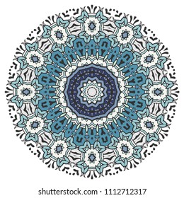 Mandala flower decoration, hand drawn round ornament, isolated design element on a white background. Vector geometric floral pattern. Tribal ethnic fashion motif for paper, textile, cloth fabric print