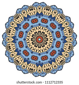 Mandala flower decoration, hand drawn round ornament, isolated design element on a white background. Vector geometric floral pattern. Tribal ethnic fashion motif for paper, textile, cloth fabric print