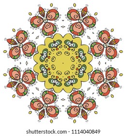 Mandala flower decoration, hand drawn round ornament, isolated design element on a white background. Vector geometric floral pattern. Tribal ethnic fashion motif for paper, textile, cloth fabric print