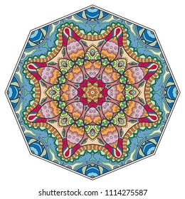 Mandala flower decoration, hand drawn round ornament, isolated design element on a white background. Vector geometric floral pattern. Tribal ethnic fashion motif for paper, textile, cloth fabric print