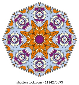 Mandala flower decoration, hand drawn round ornament, isolated design element on a white background. Vector geometric floral pattern. Tribal ethnic fashion motif for paper, textile, cloth fabric print