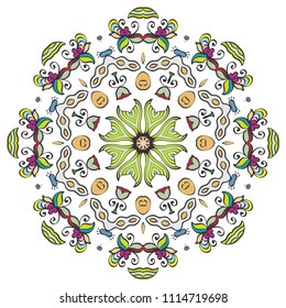 Mandala flower decoration, hand drawn round ornament, isolated design element on a white background. Vector geometric floral pattern. Tribal ethnic fashion motif for paper, textile, cloth fabric print