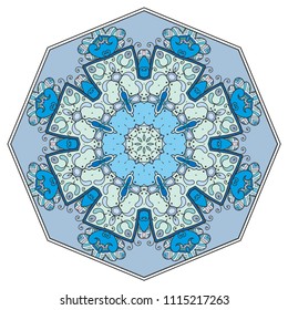 Mandala flower decoration, hand drawn round ornament, isolated design element on a white background. Vector geometric floral pattern. Tribal ethnic fashion motif for paper, textile, cloth fabric print