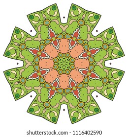 Mandala flower decoration, hand drawn round ornament, isolated design element on a white background. Vector geometric floral pattern. Tribal ethnic fashion motif for paper, textile, cloth fabric print
