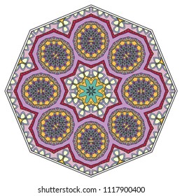Mandala flower decoration, hand drawn round ornament, isolated design element on a white background. Vector geometric floral pattern. Tribal ethnic fashion motif for paper, textile, cloth fabric print