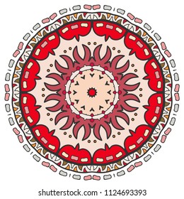 Mandala flower decoration, hand drawn round ornament, isolated design element on a white background. Vector geometric floral pattern. Tribal ethnic fashion motif for paper, textile, cloth fabric print