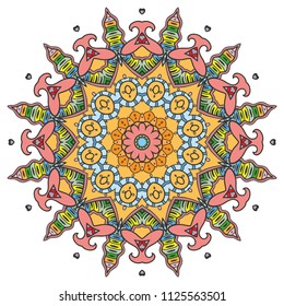 Mandala flower decoration, hand drawn round ornament, isolated design element on a white background. Vector geometric floral pattern. Tribal ethnic fashion motif for paper, textile, cloth fabric print