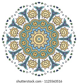Mandala flower decoration, hand drawn round ornament, isolated design element on a white background. Vector geometric floral pattern. Tribal ethnic fashion motif for paper, textile, cloth fabric print