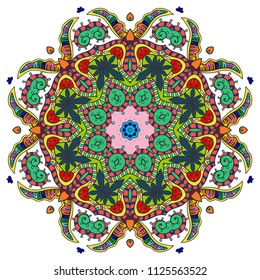 Mandala flower decoration, hand drawn round ornament, isolated design element on a white background. Vector geometric floral pattern. Tribal ethnic fashion motif for paper, textile, cloth fabric print