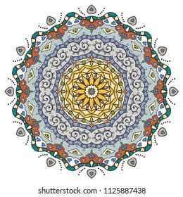 Mandala flower decoration, hand drawn round ornament, isolated design element on a white background. Vector geometric floral pattern. Tribal ethnic fashion motif for paper, textile, cloth fabric print