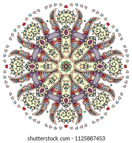 Mandala flower decoration, hand drawn round ornament, isolated design element on a white background. Vector geometric floral pattern. Tribal ethnic fashion motif for paper, textile, cloth fabric print