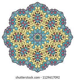 Mandala flower decoration, hand drawn round ornament, isolated design element on a white background. Vector geometric floral pattern. Tribal ethnic fashion motif for paper, textile, cloth fabric print