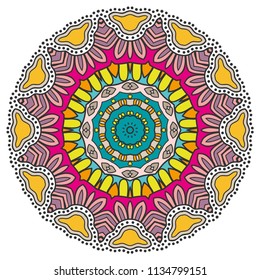 Mandala flower decoration, hand drawn round ornament, isolated design element on a white background. Vector geometric floral pattern. Tribal ethnic fashion motif for paper, textile, cloth fabric print