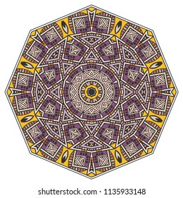 Mandala flower decoration, hand drawn round ornament, isolated design element on a white background. Vector geometric floral pattern. Tribal ethnic fashion motif for paper, textile, cloth fabric print