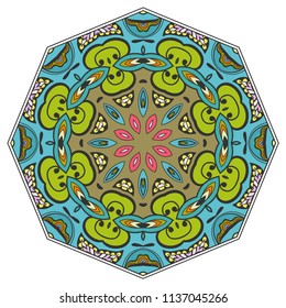 Mandala flower decoration, hand drawn round ornament, isolated design element on a white background. Vector geometric floral pattern. Tribal ethnic fashion motif for paper, textile, cloth fabric print