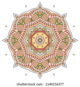 Mandala flower decoration, hand drawn round ornament, isolated design element on a white background. Vector geometric floral pattern. Tribal ethnic fashion motif for paper, textile, cloth fabric print