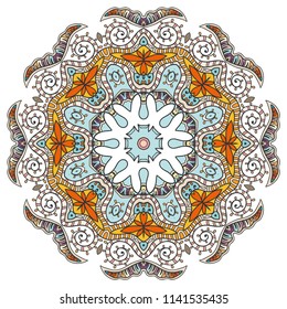 Mandala flower decoration, hand drawn round ornament, isolated design element on a white background. Vector geometric floral pattern. Tribal ethnic fashion motif for paper, textile, cloth fabric print