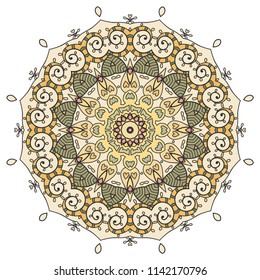 Mandala flower decoration, hand drawn round ornament, isolated design element on a white background. Vector geometric floral pattern. Tribal ethnic fashion motif for paper, textile, cloth fabric print