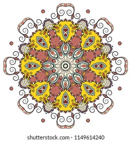 Mandala flower decoration, hand drawn round ornament, isolated design element on a white background. Vector geometric floral pattern. Tribal ethnic fashion motif for paper, textile, cloth fabric print