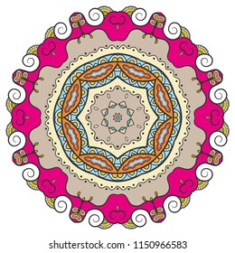 Mandala flower decoration, hand drawn round ornament, isolated design element on a white background. Vector geometric floral pattern. Tribal ethnic fashion motif for paper, textile, cloth fabric print